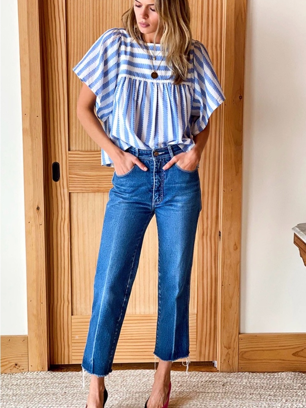 Emerson Fry Blue and White Striped Flutter Sleeve Blouse
